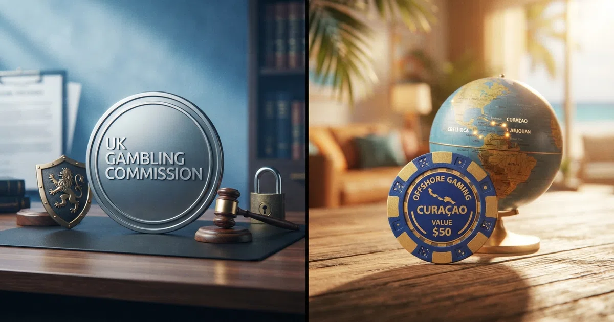 A split-frame illustration contrasting a UKGC licence seal with regulatory shield and padlock symbols on one side against a palm-tree-fringed offshore casino chip and globe on the other