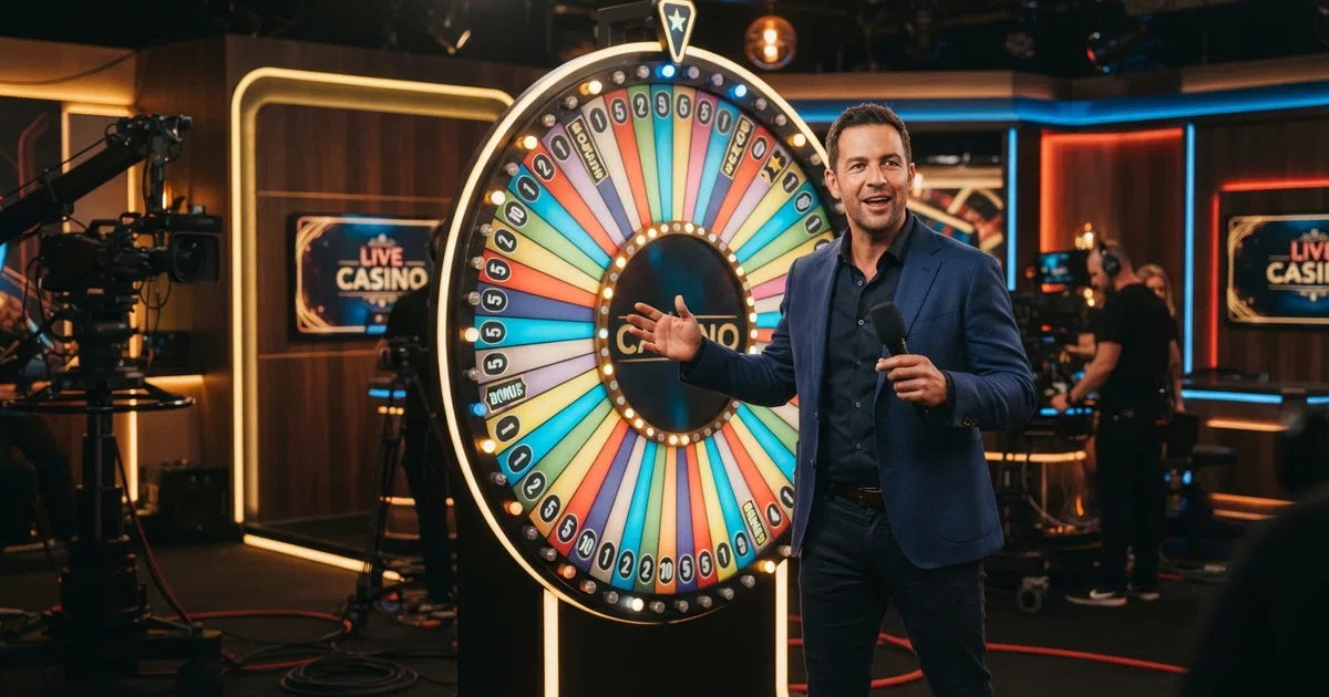 A live casino game-show studio with a presenter standing beside a large illuminated money wheel, cameras and production lighting visible in the background