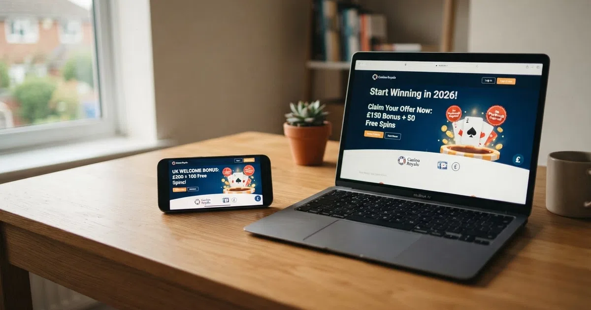 A smartphone and laptop screen displaying UK online casino welcome bonus promotional banners with free spins offers and “no wagering” badges, set against a clean white background