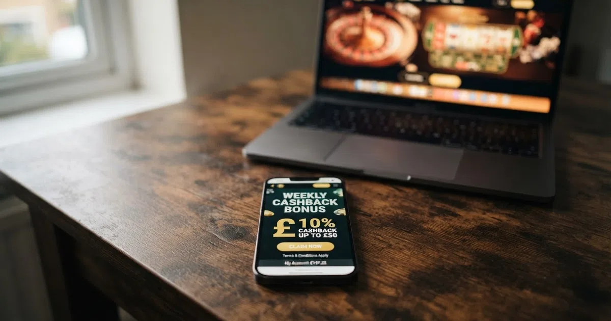 A British online casino player studying cashback bonus terms on a smartphone, with a casino lobby blurred in the background