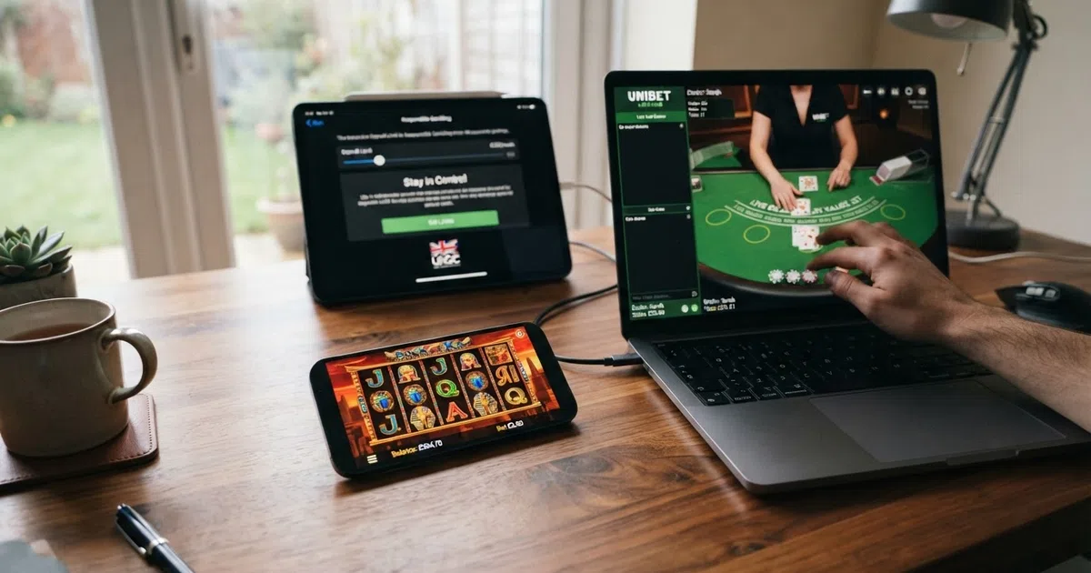 A UK online casino interface showing a slot game with a £5.00 maximum stake display, a live dealer blackjack table, and a responsible-gambling deposit-limit settings panel