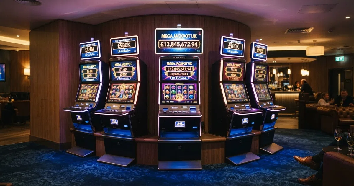 A row of brightly lit online slot machines with progressive jackpot prize counters displayed above the reels, one showing an eight-figure total