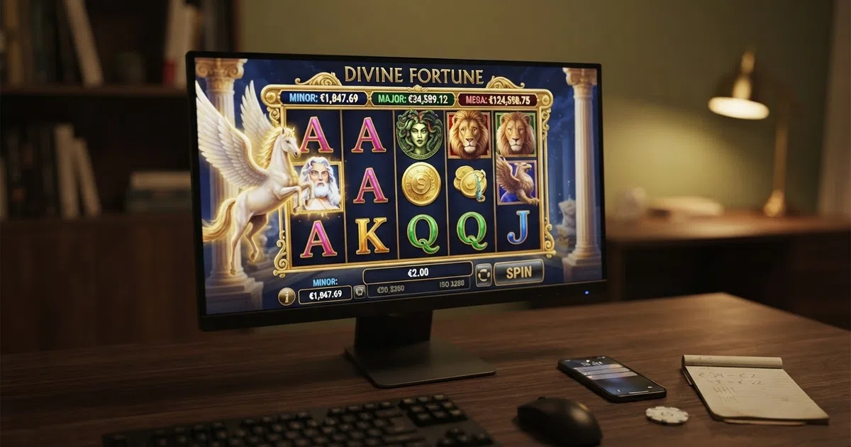 A grid of UK-licensed online casino homepages displayed on desktop and mobile screens, with Divine Fortune's Greek-mythology-themed reels prominent in the foreground