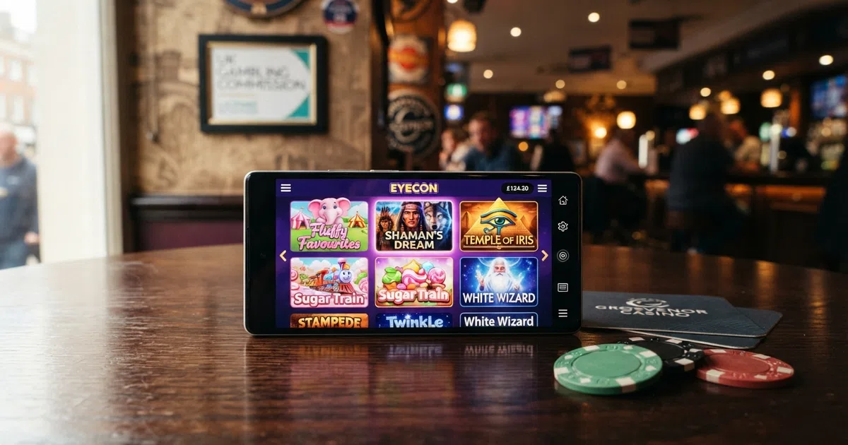 A grid of colourful Eyecon slot tiles — Fluffy Favourites, Shaman's Dream, Temple of Iris and Sugar Train — on a smartphone screen with a UK casino lobby visible in the background