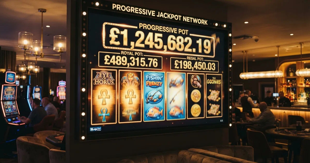 A glowing Jackpot King progressive jackpot total displayed above a row of slot reels on a casino screen, the Royal and Regal pot values ticking upward