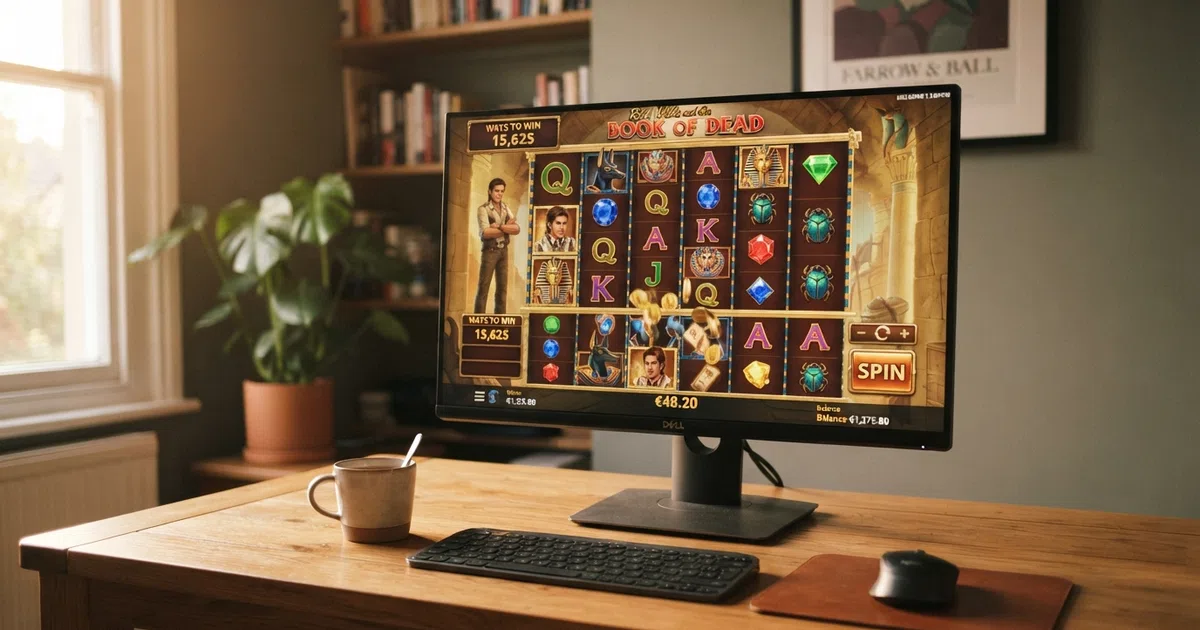 A desktop browser displaying a Megaways slot game with the dynamic-reel panel above the spin button, showing six reels with varying symbol heights and a ways-to-win counter in the top corner