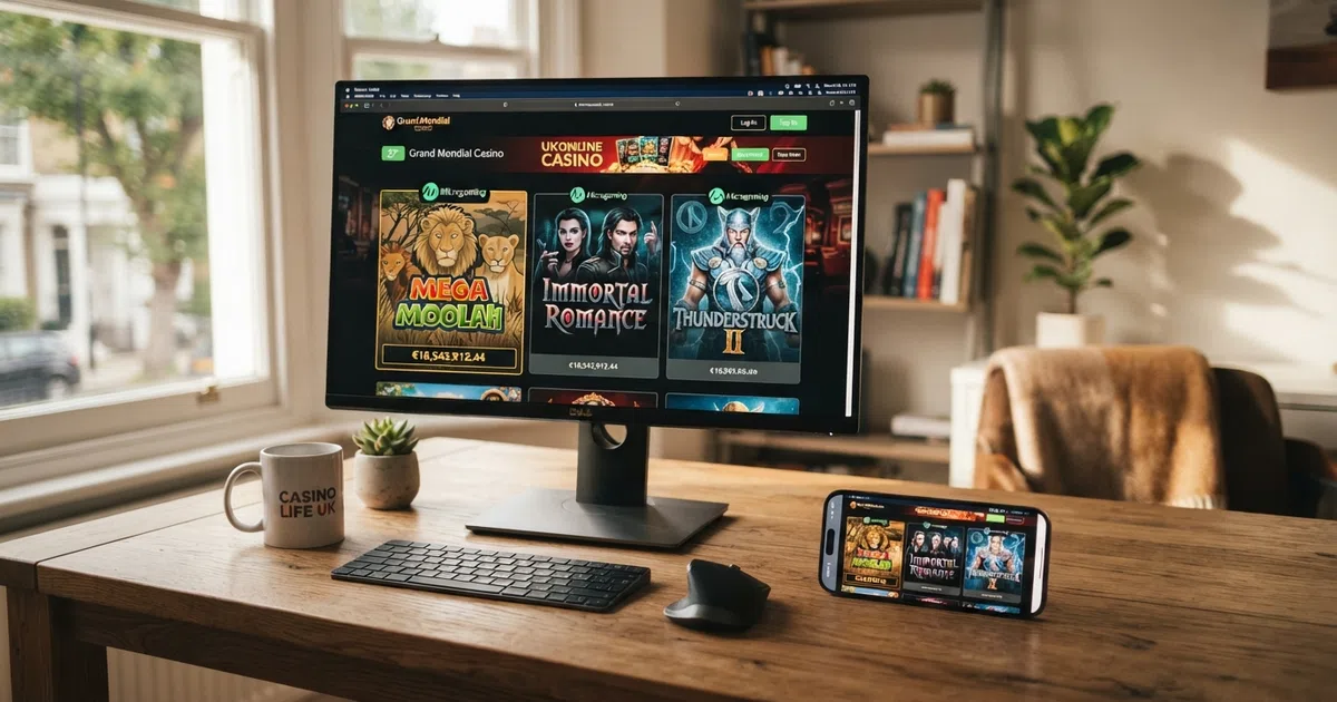 An array of UK online casino lobby screens showing Microgaming slot thumbnails — Mega Moolah, Immortal Romance and Thunderstruck II visible — arranged across a desktop and mobile screen mockup