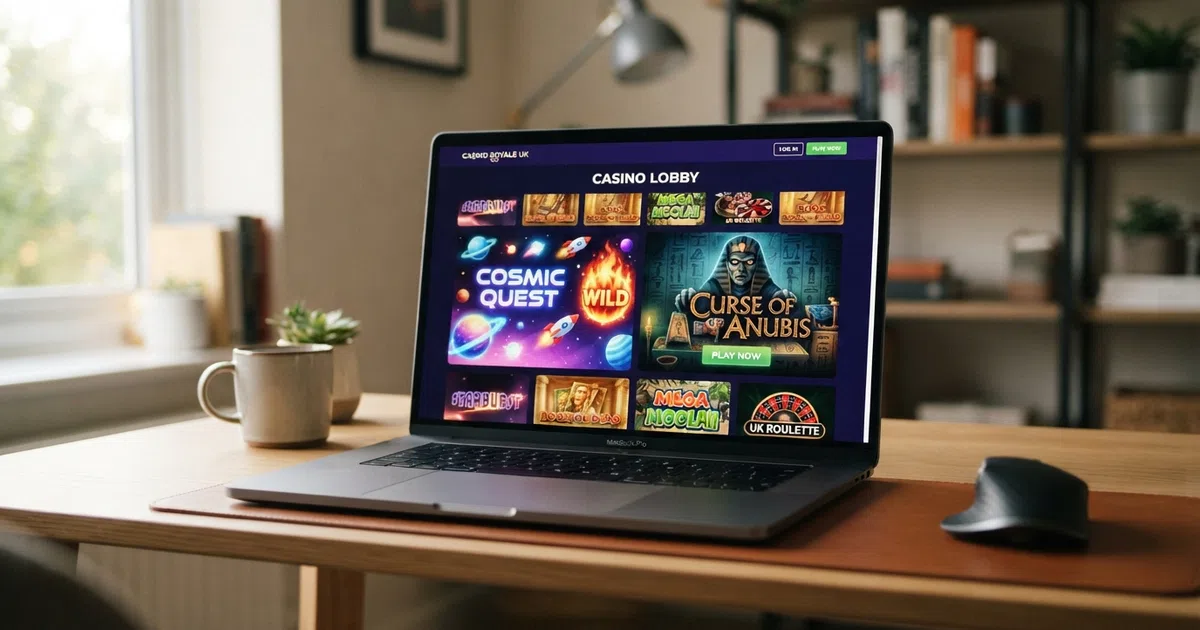 A grid of NetEnt slot game tiles including Starburst, Gonzo's Quest, Dead or Alive and Blood Suckers displayed on a UK casino lobby screen