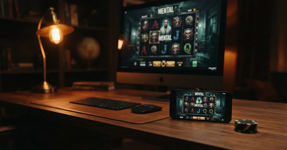 A Nolimit City slot game loading screen with the studio's distinctive dark visual style on a desktop browser beside a mobile phone