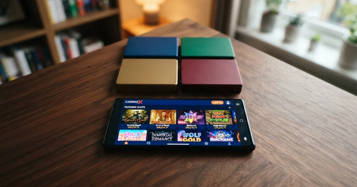 A grid of Play'n GO slot title cards — Book of Dead, Reactoonz, Moon Princess and Fire Joker — arranged above a smartphone displaying a casino lobby with a Play'n GO category filter active
