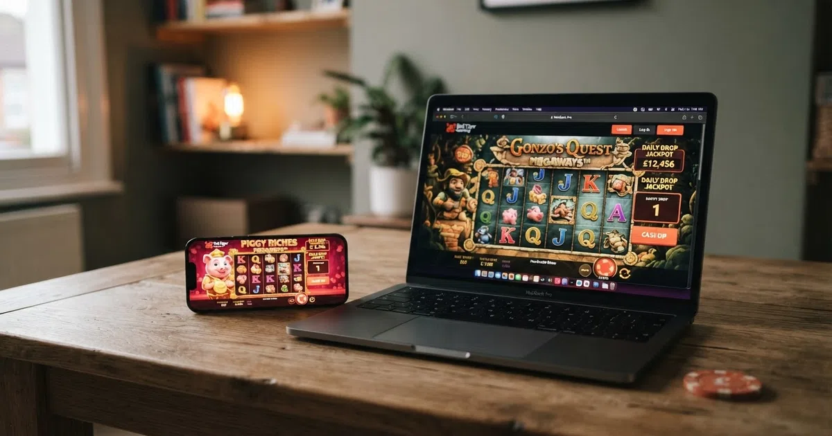 A grid of Red Tiger Gaming slot title cards displayed across a smartphone and laptop screen, showing the Daily Drop Jackpot counter and UK casino branding