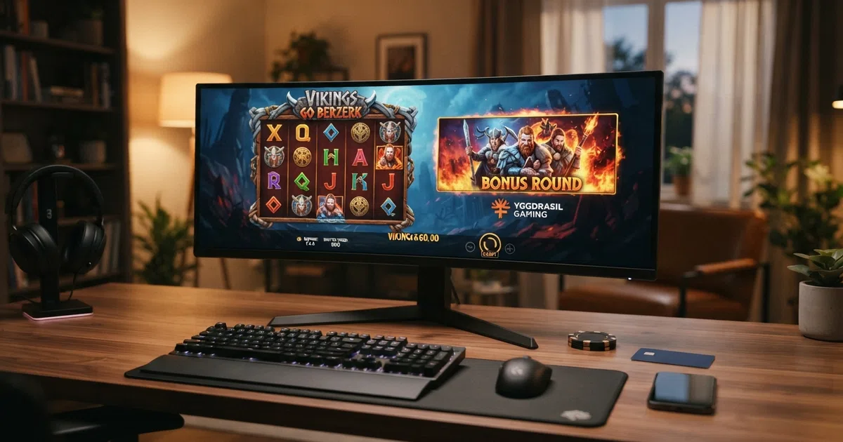 Yggdrasil Gaming logo and a selection of its slot title cards displayed on a desktop screen