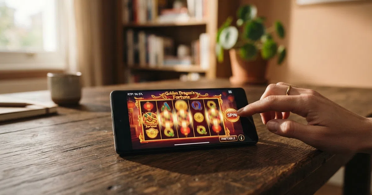 A smartphone screen displaying an online slot game with the RTP percentage and paytable information visible in the game interface