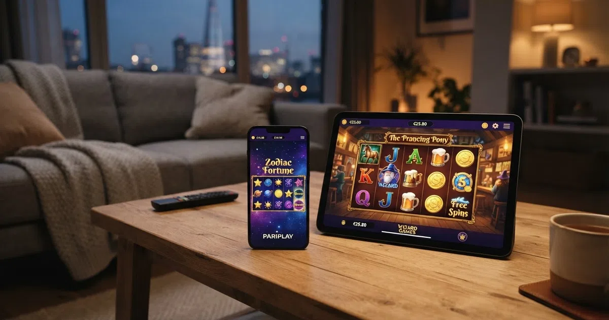 A grid of UK-licensed online casino homepages and slot lobbies displaying Pariplay and Wizard Games titles on desktop and mobile screens