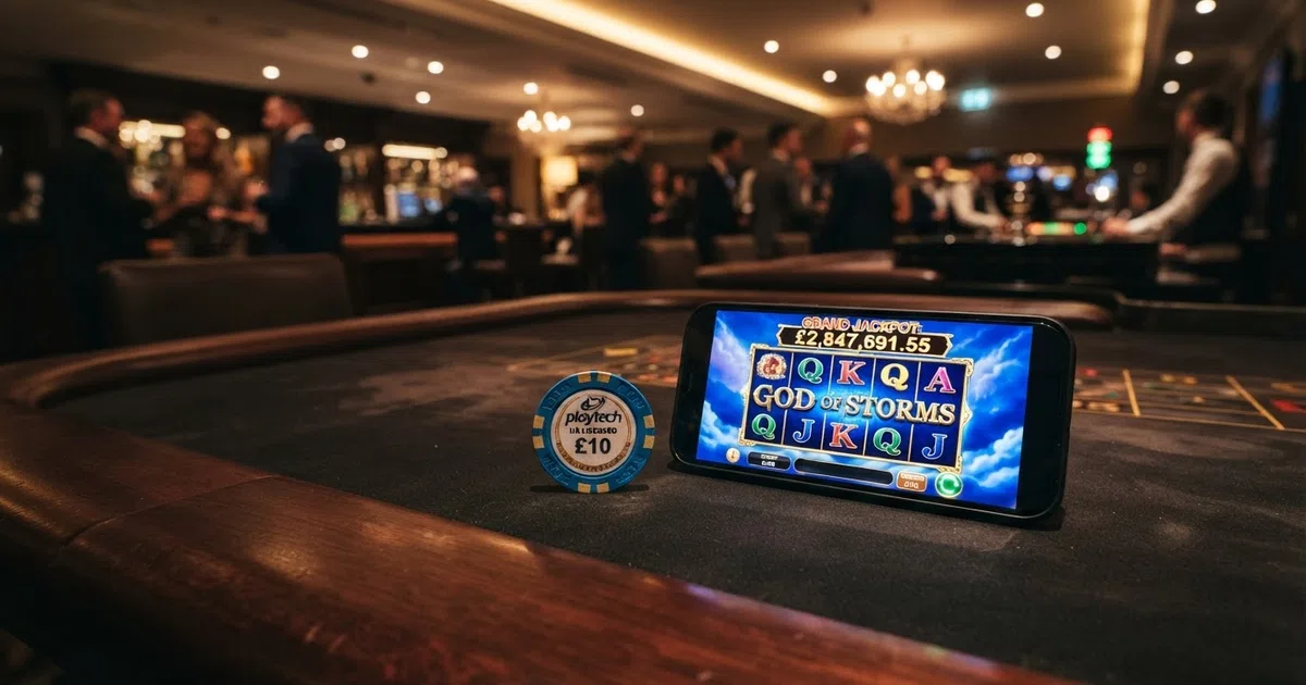 A grid of Playtech slot-title logos including Age of the Gods and Buffalo Blitz against a dark casino-branded background