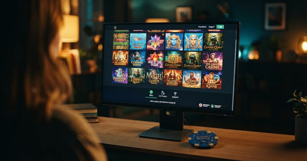 A casino lobby screen showing a row of Pragmatic Play slot tiles including Sweet Bonanza and Gates of Olympus, on a desktop browser with the UKGC licence badge visible in the footer.