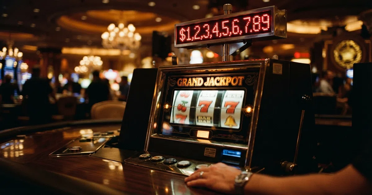 a row of online slot reels with a growing jackpot total glowing above them