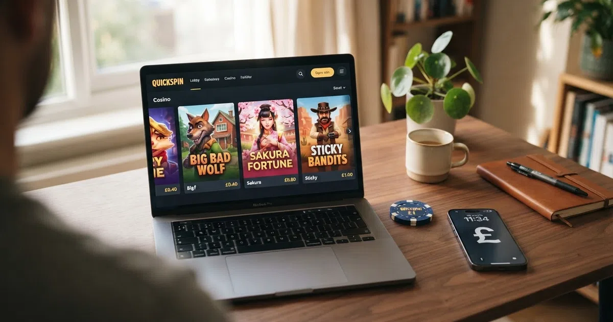 A desktop browser displaying a row of Quickspin slot game thumbnails in a UK-licensed online casino lobby