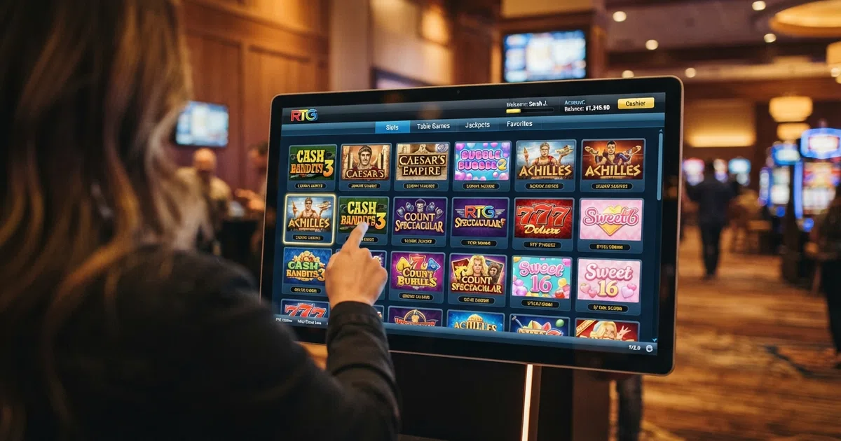A casino lobby screen displaying RTG slot game thumbnails with the RealTime Gaming logo