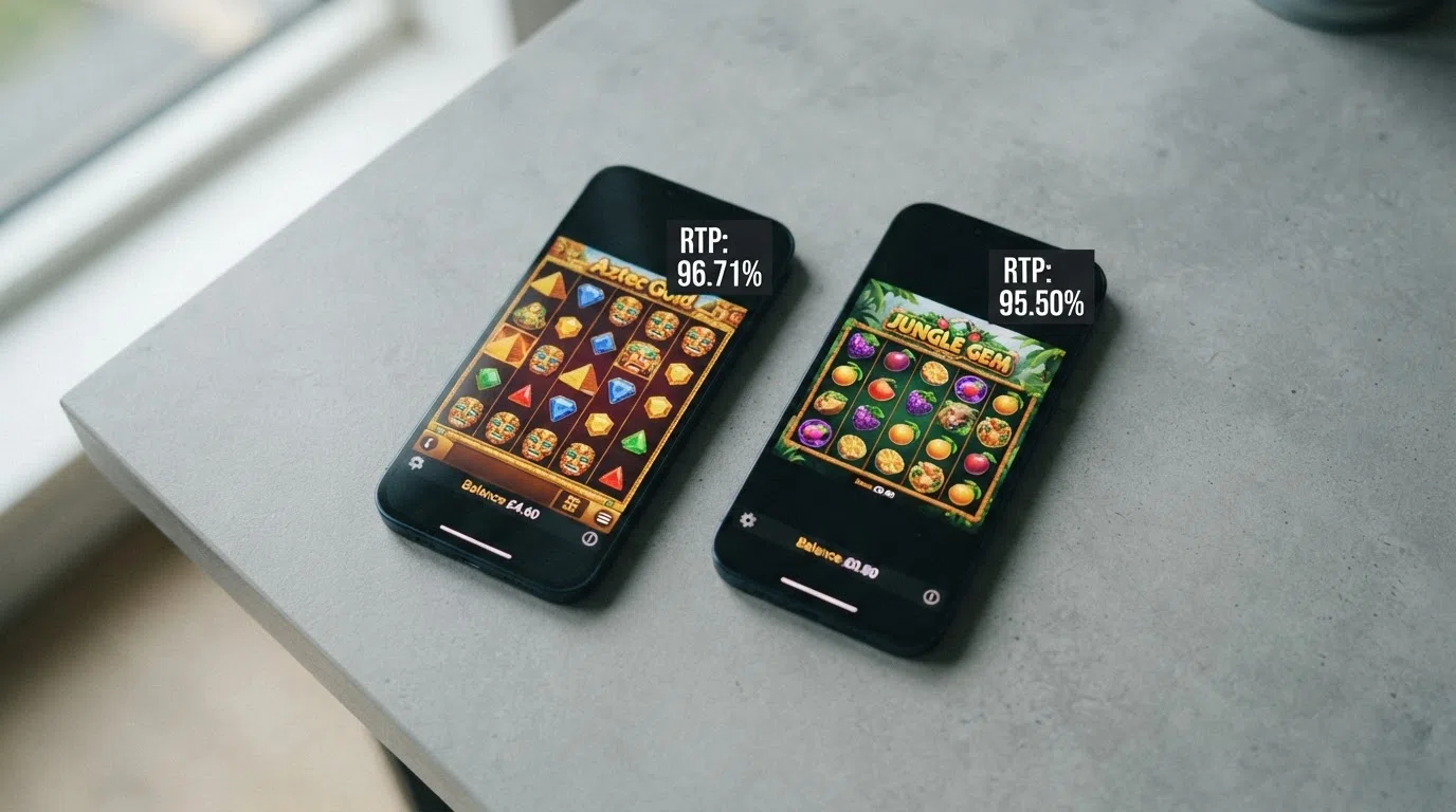 A split-screen comparison of two slot games — one showing a £4.60 balance after several minutes of play and the other showing £0.80 after the same duration — with RTP percentages overlaid