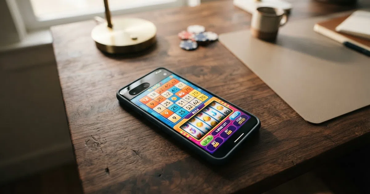 A 5×5 Slingo game grid on a smartphone screen with numbered balls marked off and a slot reel spinning below