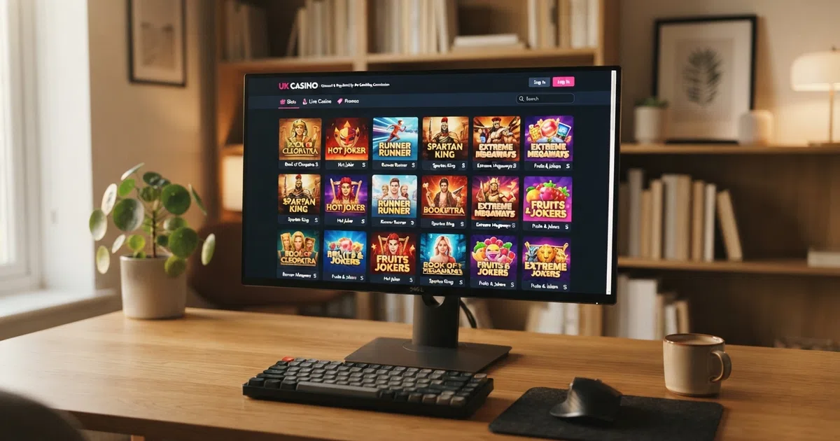 A browser window open to a UK online casino games lobby, with several Stakelogic slot title cards visible in a grid, including a game tile with the Stakelogic logo in the corner, on a desktop screen against a dark background