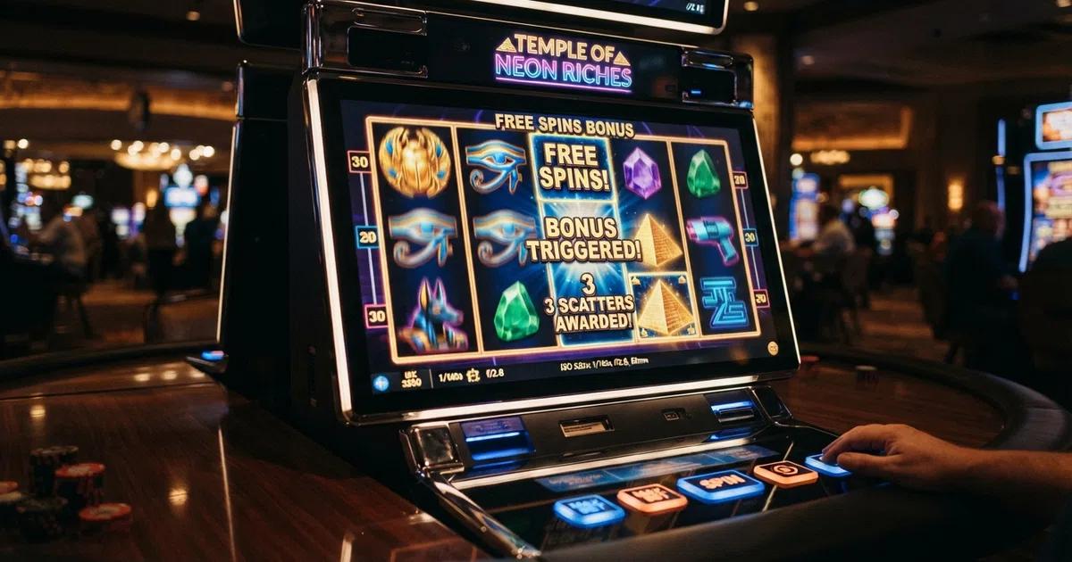 A five-reel video slot screen with themed symbols, multiple paylines and a bonus-round trigger visible