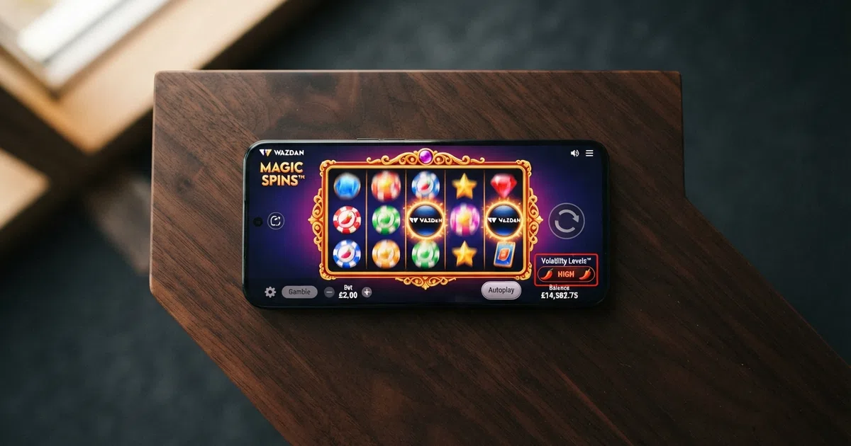 A smartphone screen displaying a Wazdan slot game interface with the Volatility Levels selector visible, set against a dark branded background with the Wazdan logo