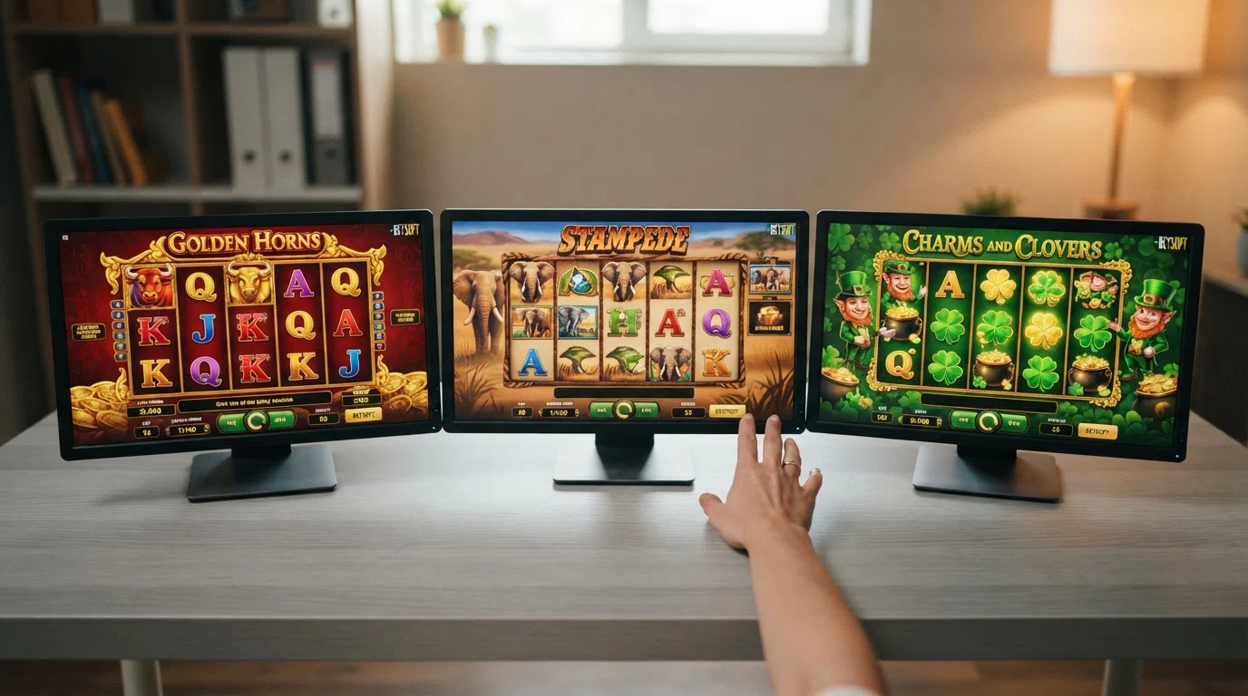 Screenshots of three Betsoft slot title screens — Golden Horns, Stampede and Charms and Clovers — showing their reel layouts