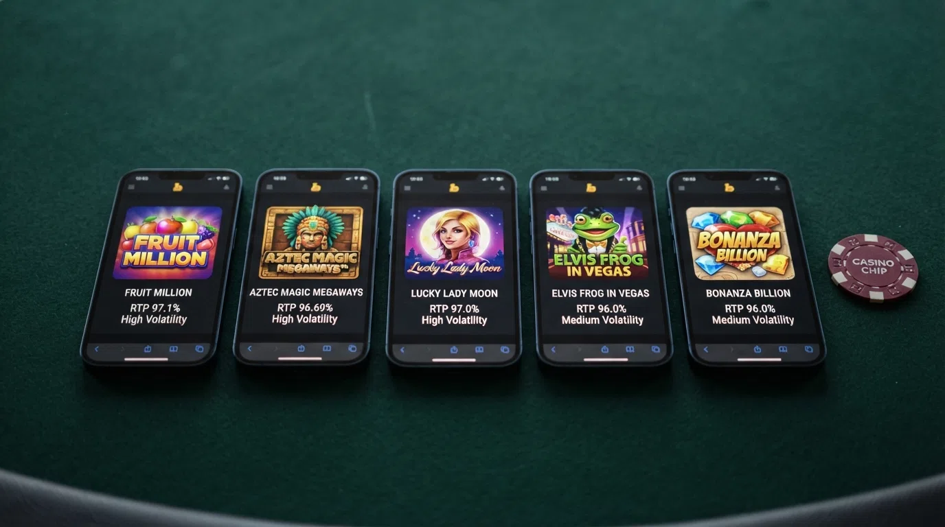 Side-by-side arrangement of five BGaming slot covers with their RTP percentages and volatility ratings displayed beneath each title
