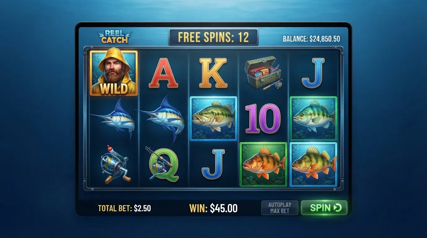 The Big Bass Bonanza 5×3 slot grid in play showing scatter fish symbols, a fisherman wild symbol and the free-spins counter at the top of the screen