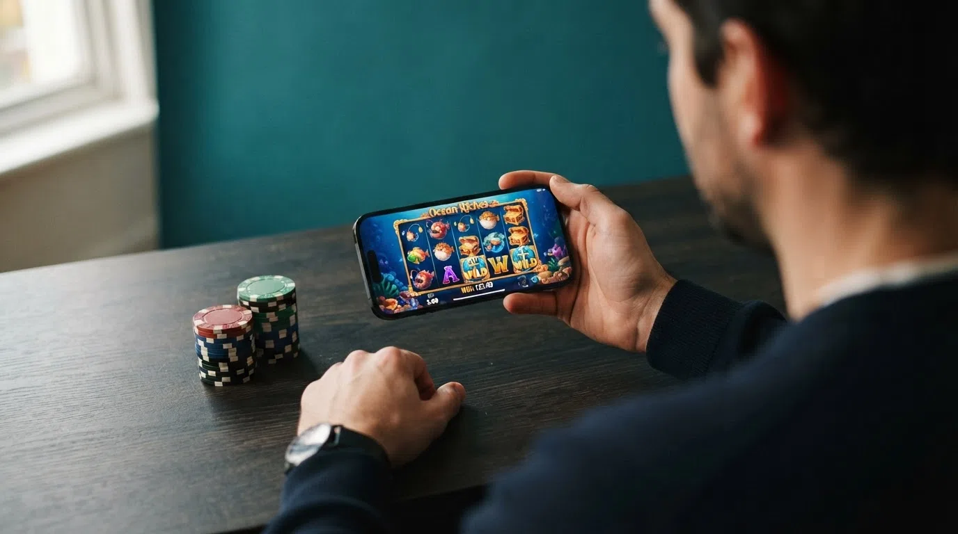 A smartphone in landscape orientation displaying the Big Bass Bonanza slot reels mid-spin