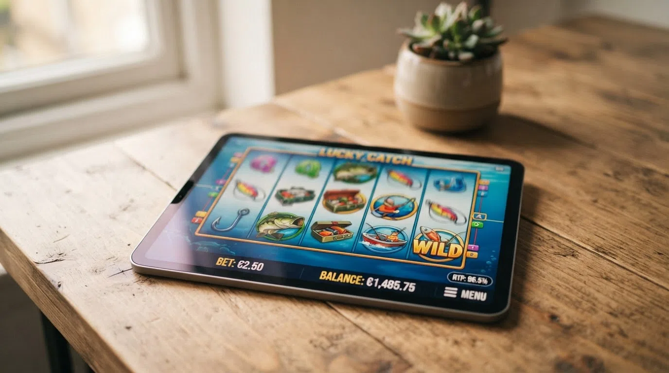 A close-up of slot reels from Big Bass Splash in play, with the game's RTP badge and spin-value indicator visible on screen