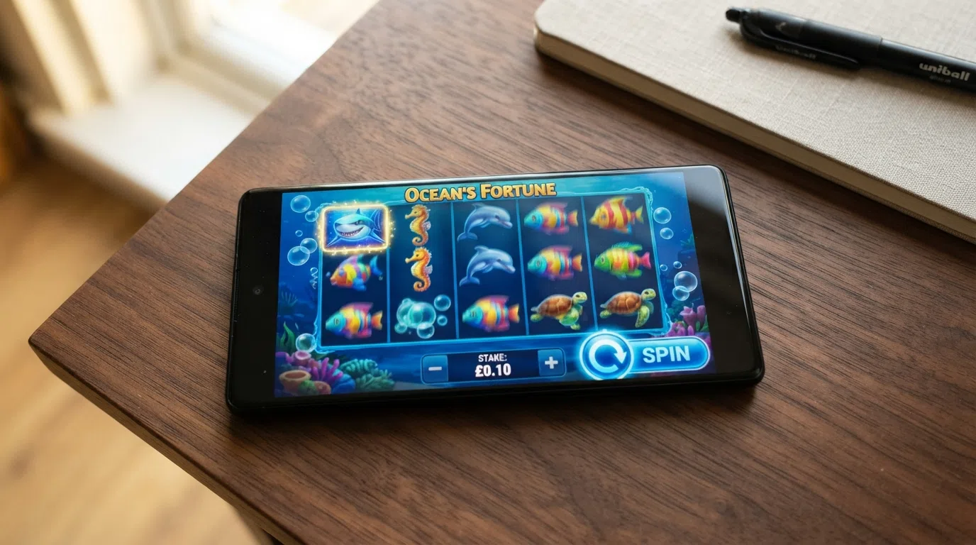 A Big Bass Splash online slot game screen showing five reels with fish symbols in view, the spin button centred below the reels, and a stake-per-spin display reading £0.10