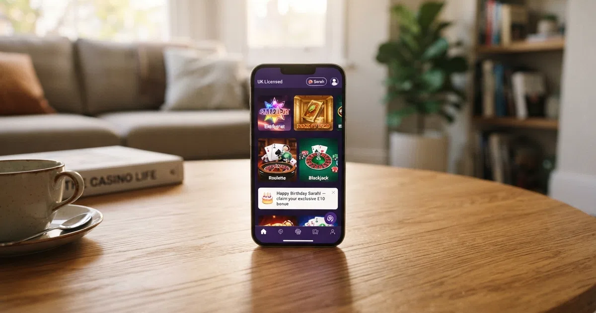 A row of UK online casino logos on a smartphone screen, with a birthday cake icon and a notification badge reading “Happy Birthday — claim your bonus”