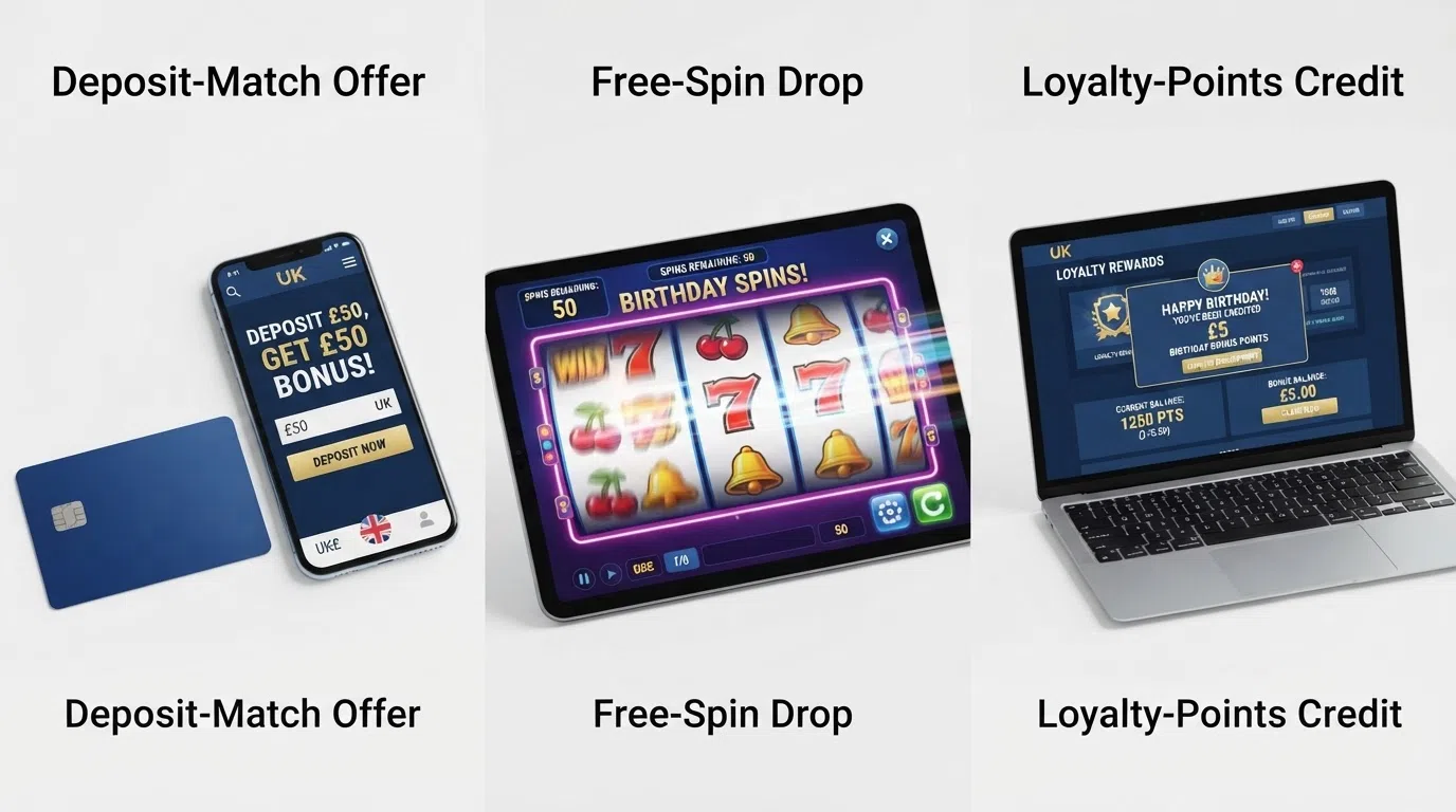 Three illustrated panels showing a deposit-match offer, a free-spin drop on a slot reel, and a loyalty-points credit on a casino account screen