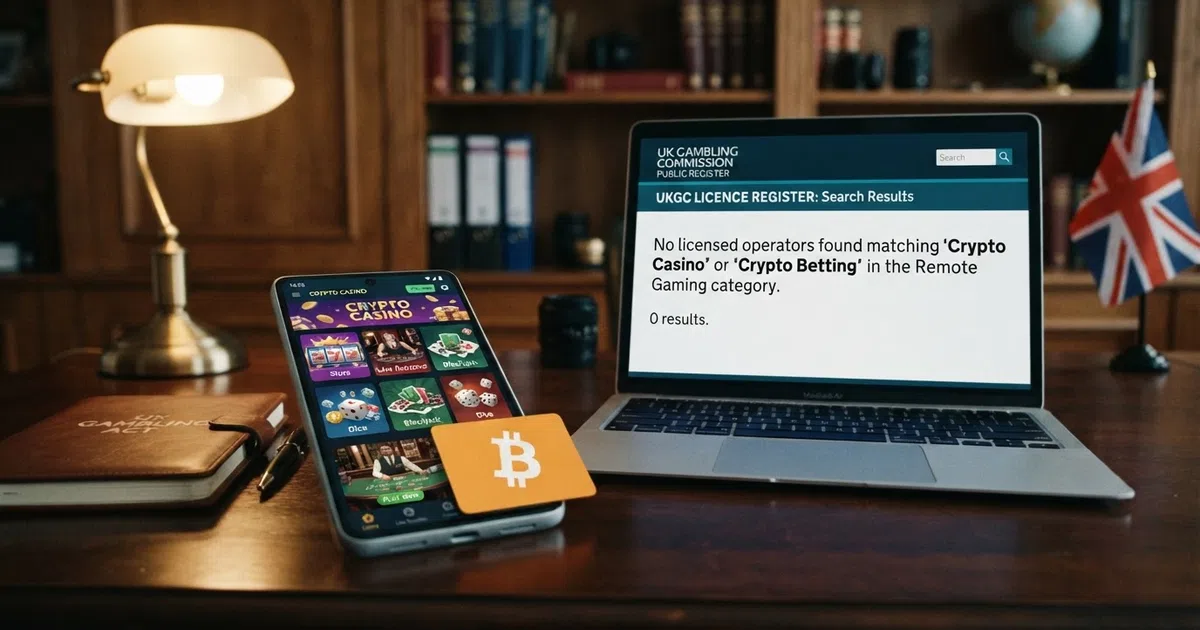 A split composition: a smartphone displaying a crypto casino lobby on one side and a UK Gambling Commission register search result on the other, with the Bitcoin Cash logo centred between them
