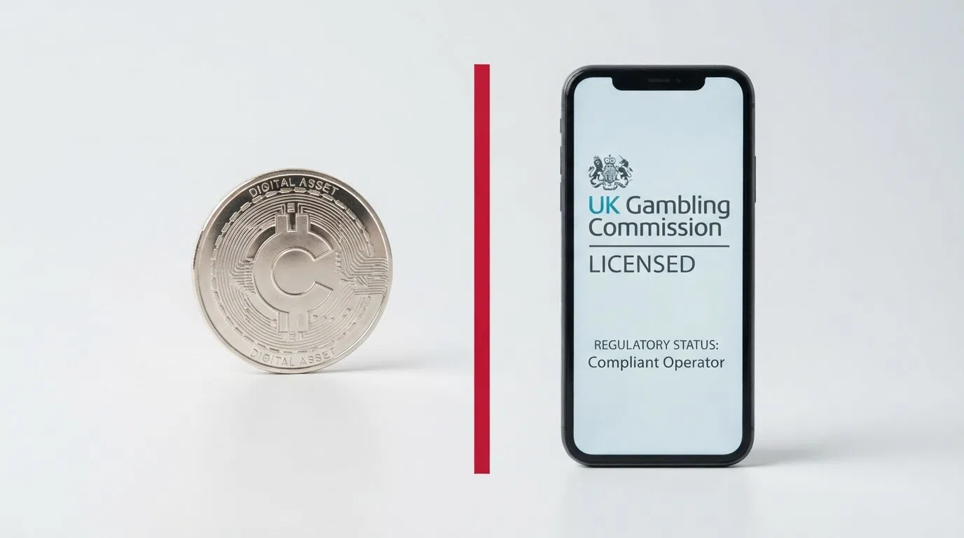 A Bitcoin physical token beside a UK Gambling Commission logo on a screen, with a red line separating them