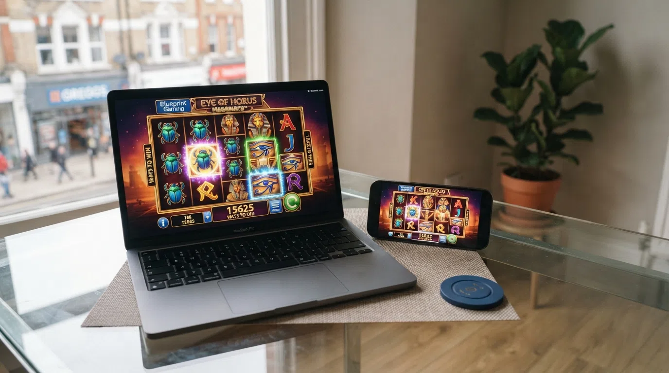 A smartphone and a laptop screen side by side, both showing the reels of a Blueprint Gaming Megaways title mid-spin, with the variable-reel counter visible
