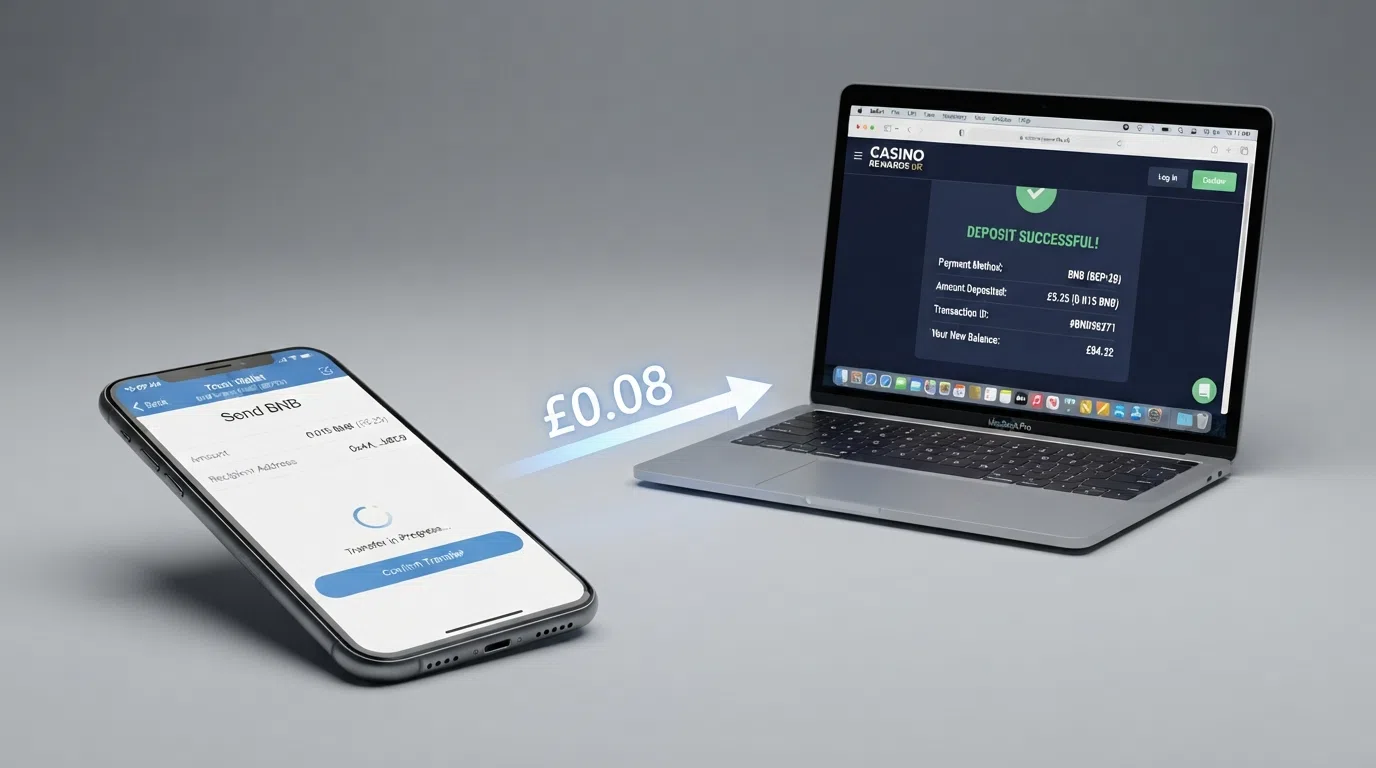 A clean diagram of the BNB deposit flow: a smartphone showing a wallet app on the left, an arrow labelled with the BEP-20 gas fee in GBP (£0.08), and a casino cashier screen on the right showing the credited BNB balance.