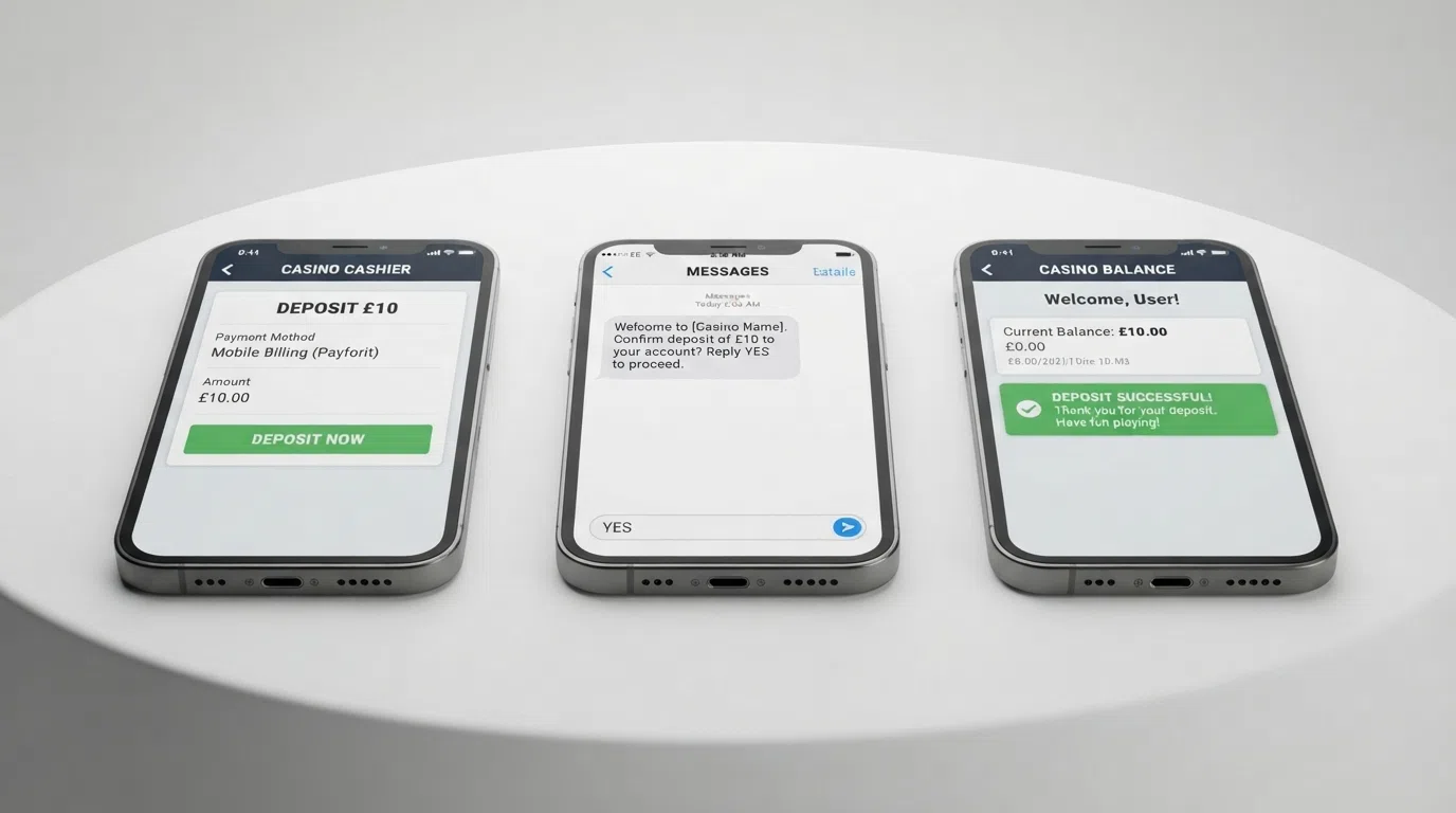 Three-step illustration of a Boku casino deposit: selecting the amount in the cashier, receiving the SMS verification, and the confirmed balance in the casino account