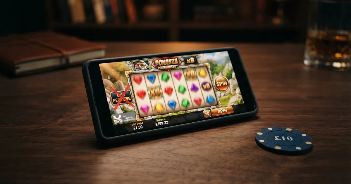 A digital illustration of an online slot machine interface with a prominent “Buy Bonus” button crossed out or greyed out, overlaid with a UK Gambling Commission watermark