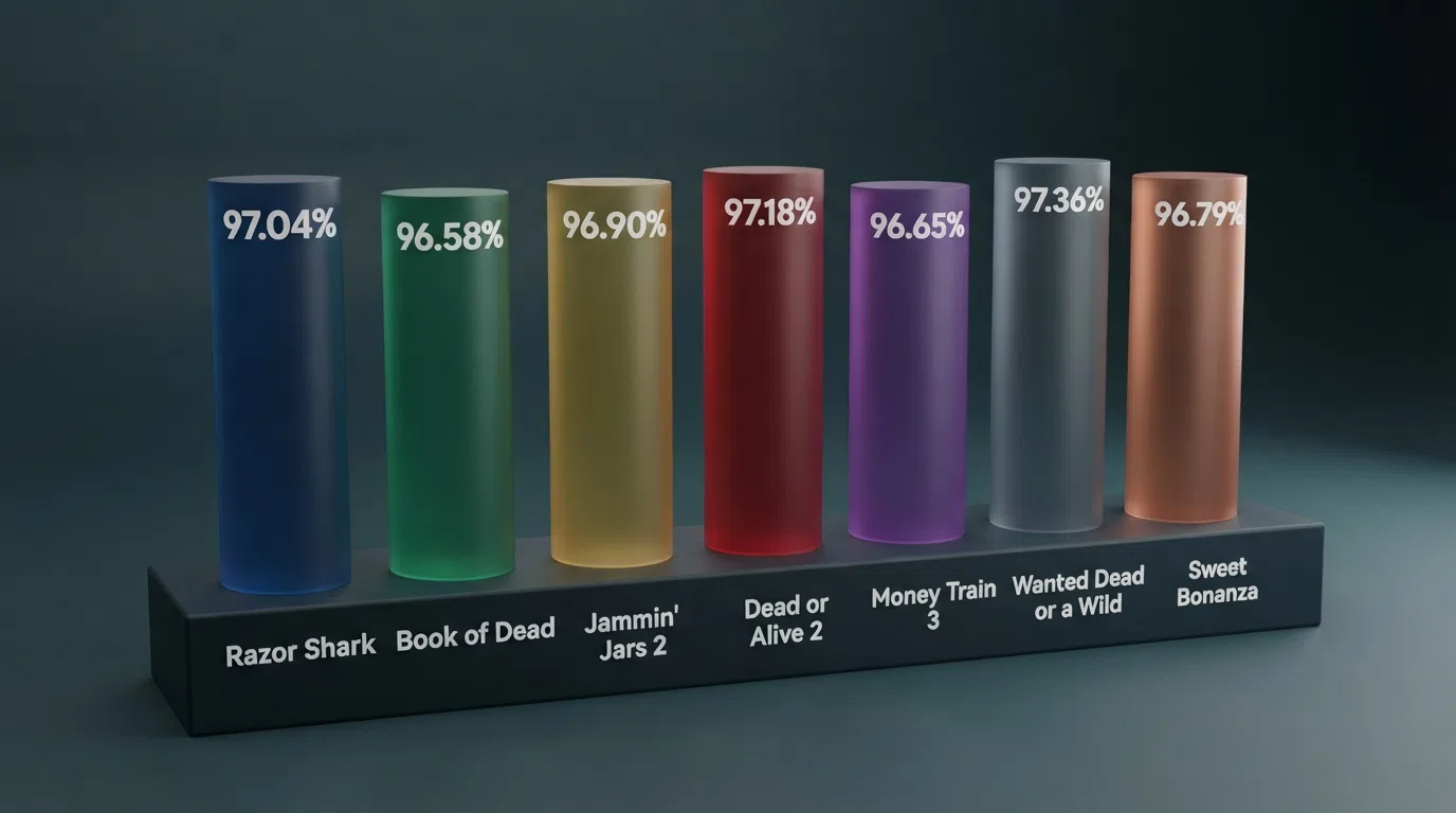 A side-by-side comparison chart listing seven slot titles with their RTP percentages, max-win multipliers and provider logos