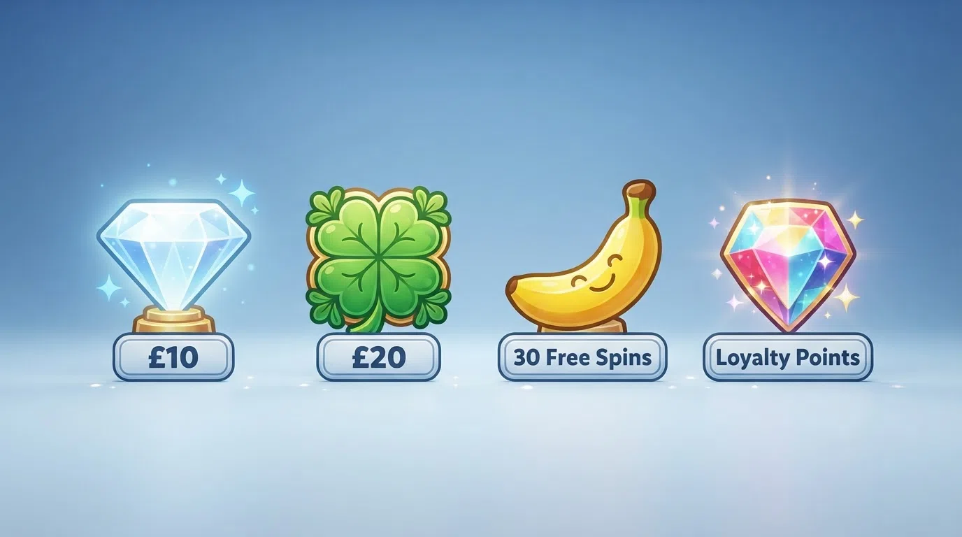 Four illustrated prize symbols arranged in a row — a diamond marked €10, a clover marked €20, a banana marked 30 free spins, and a gem marked loyalty points