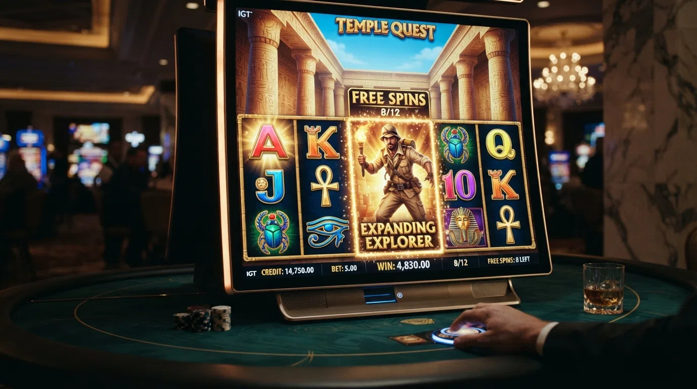 Book of Dead reels during the free-spins feature with a Rich Wilde expanding symbol covering the third reel and an Egyptian-temple backdrop