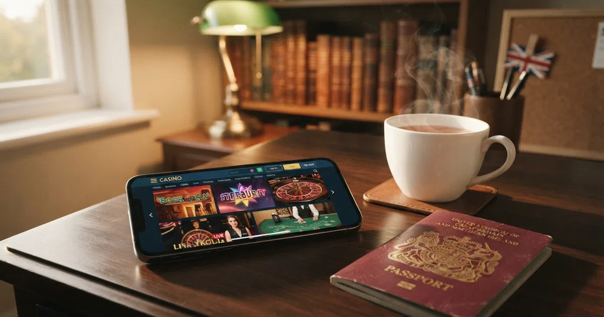 A smartphone displaying a casino lobby screen beside a British passport and a cup of tea on a dark wooden desk