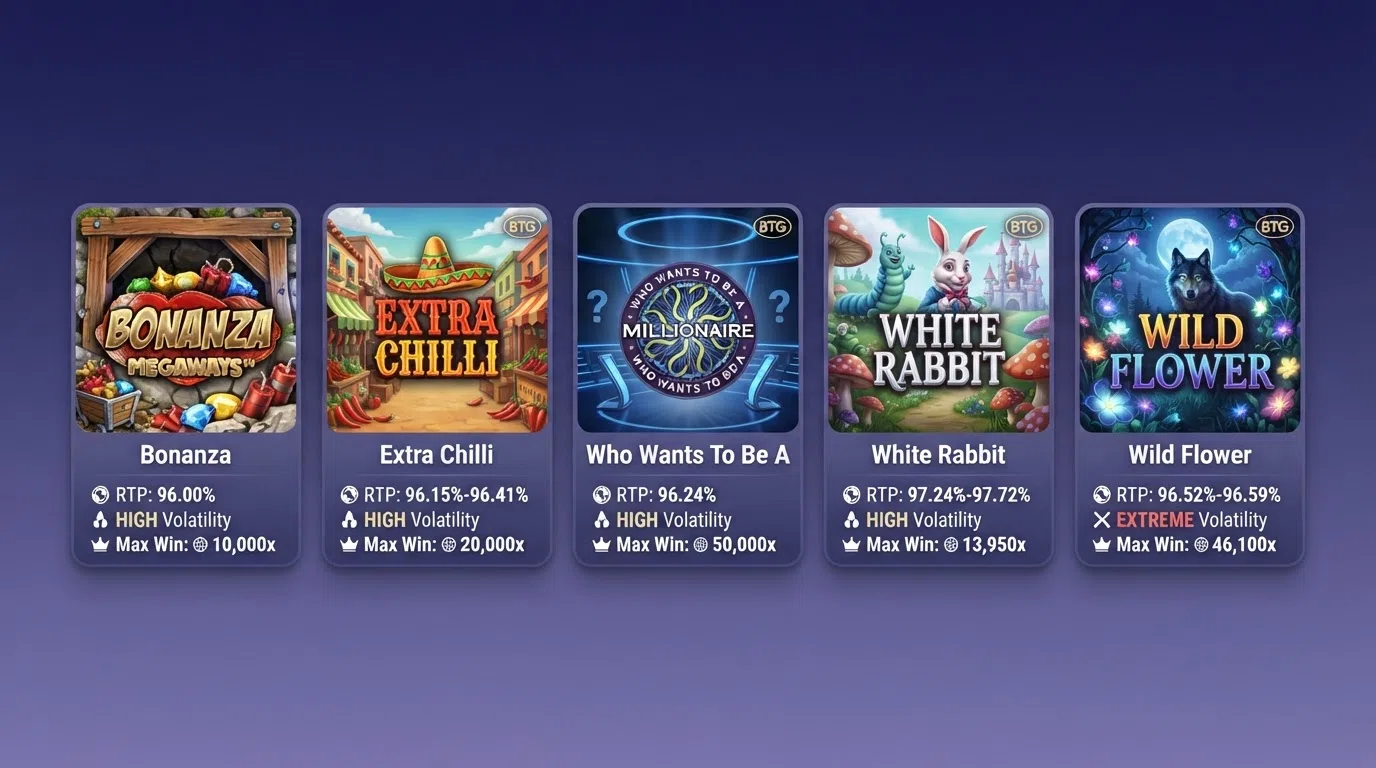 Five Big Time Gaming slot title cards displayed side by side, each showing its RTP percentage, volatility rating and maximum win multiplier