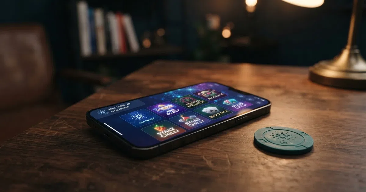 A smartphone screen displaying a Cardano casino lobby with the ADA logo visible, set against a dark background with blockchain-themed interface elements