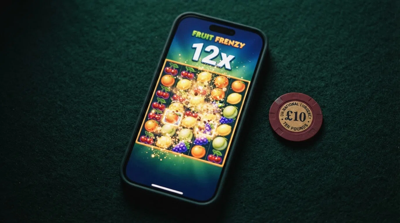 A close-up of a cascading slot screen showing a growing win multiplier during a chain reaction, with the tumble animation in progress