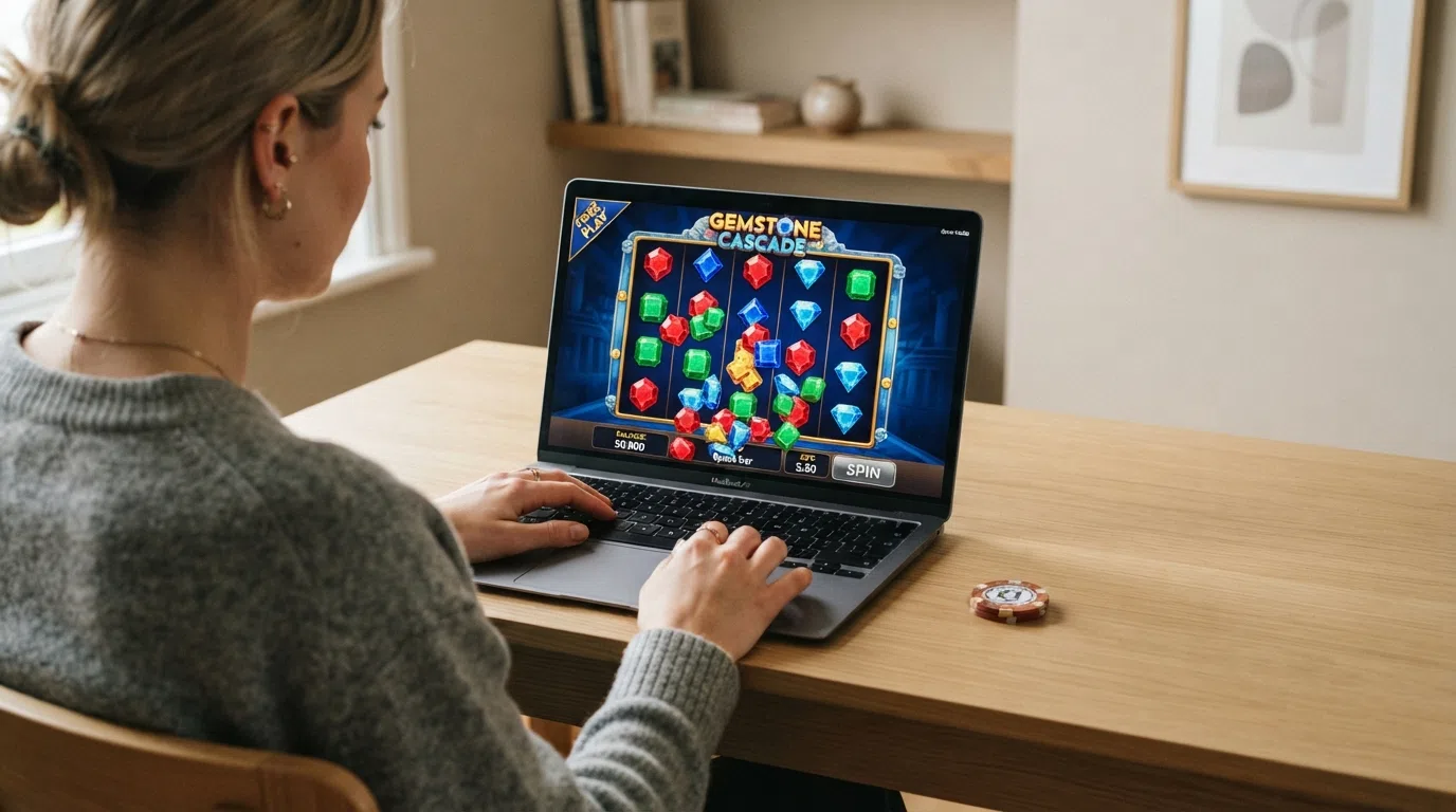 A cascading slot loaded in demo mode with a virtual-credit balance displayed and a free-play badge visible on screen
